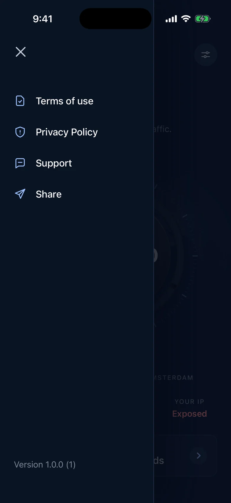 Kavo VPN settings: Terms of use, Privacy Policy, Support